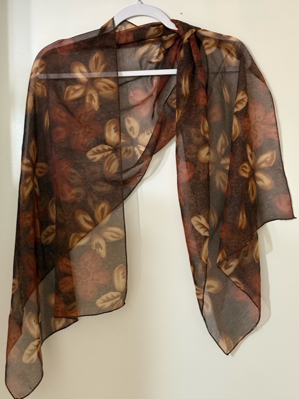 Sheer Brown Floral Polyester Scarf Beautiful 58” x 20”